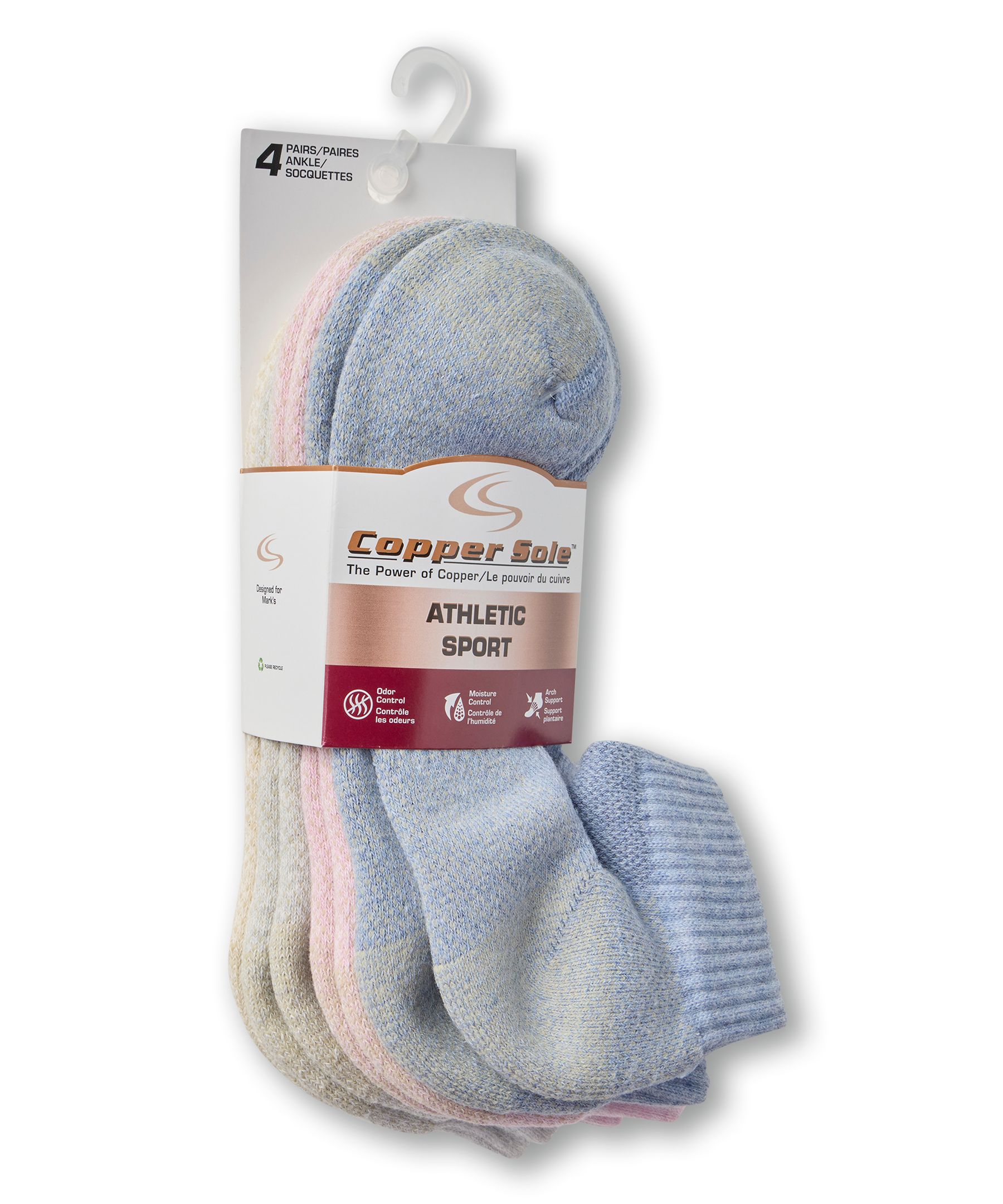 Copper Sole Women's 4pk Athletic Ankle Socks Front_Angled_Right
