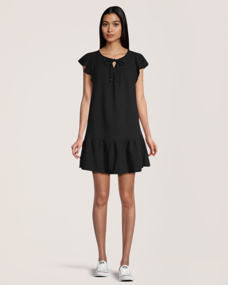 Denver Hayes Women's Relaxed Fit Double Gauze Flutter Sleeve Dress