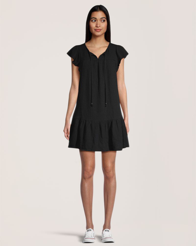 Denver Hayes Women's Relaxed Fit Double Gauze Flutter Sleeve Dress