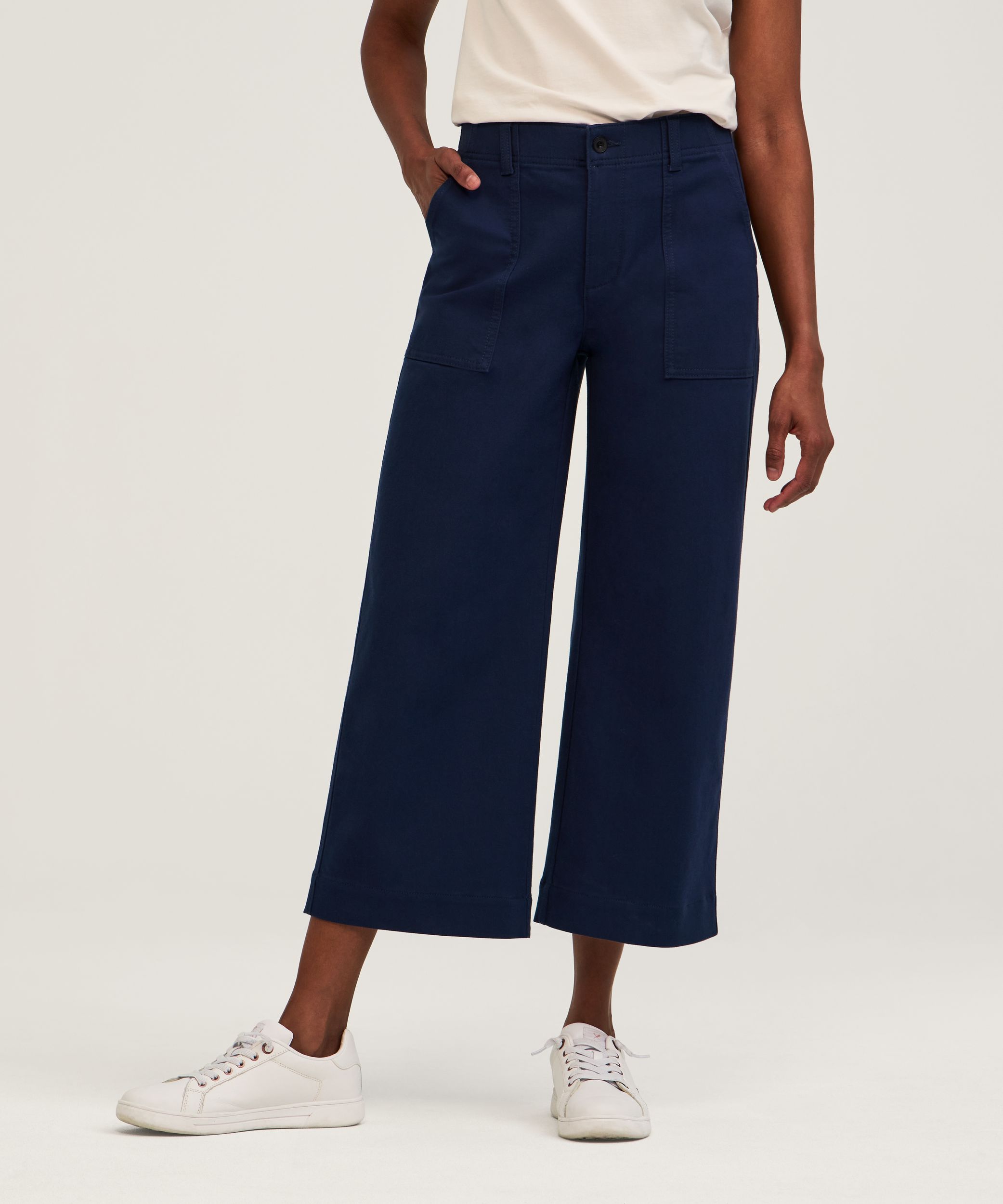 Pantalon court en sergé extensible à jambe large pour femmes, Denver Hayes