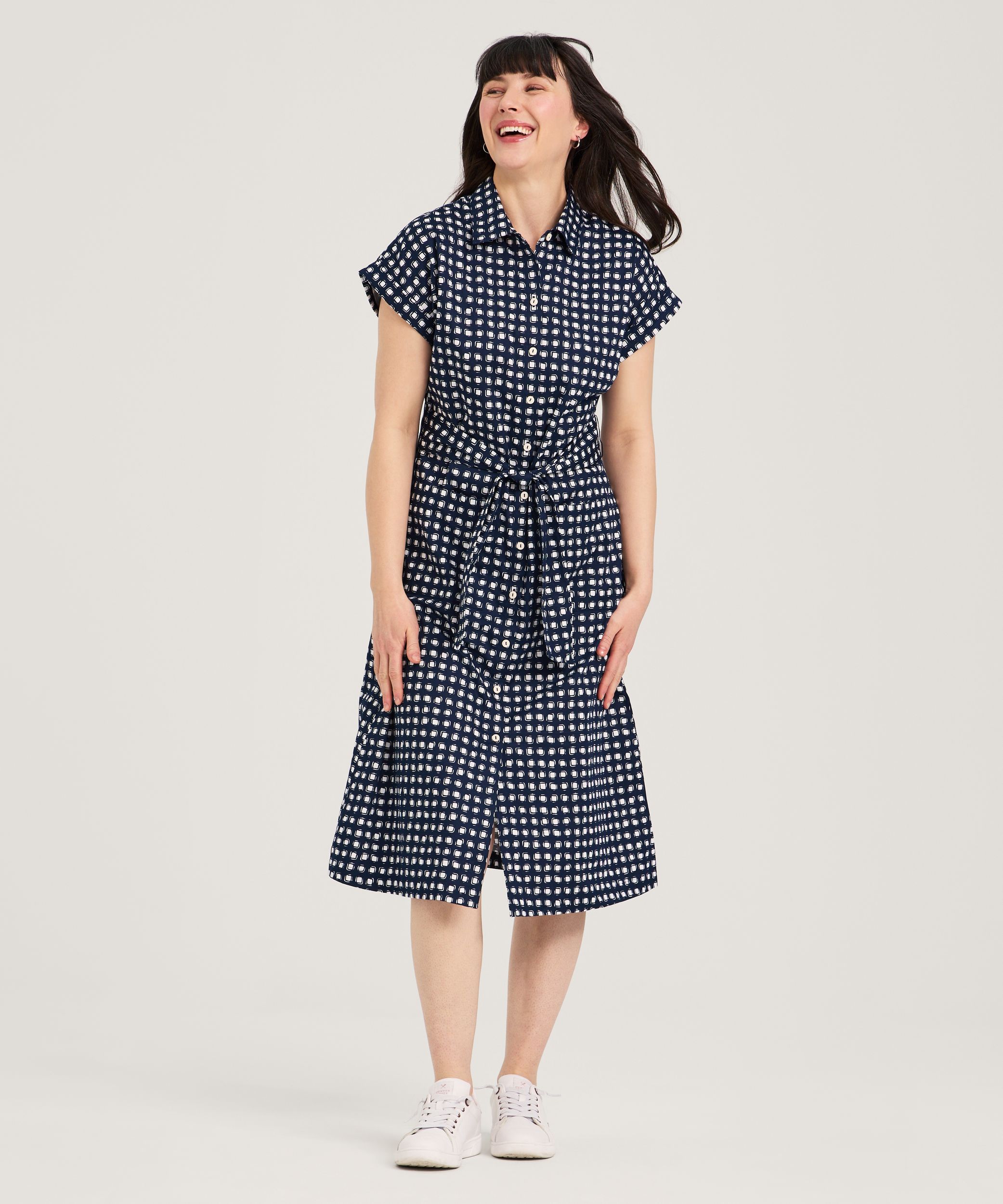 Robe chemise mi-longue à manches courtes en satin de coton pour femmes, Denver Hayes