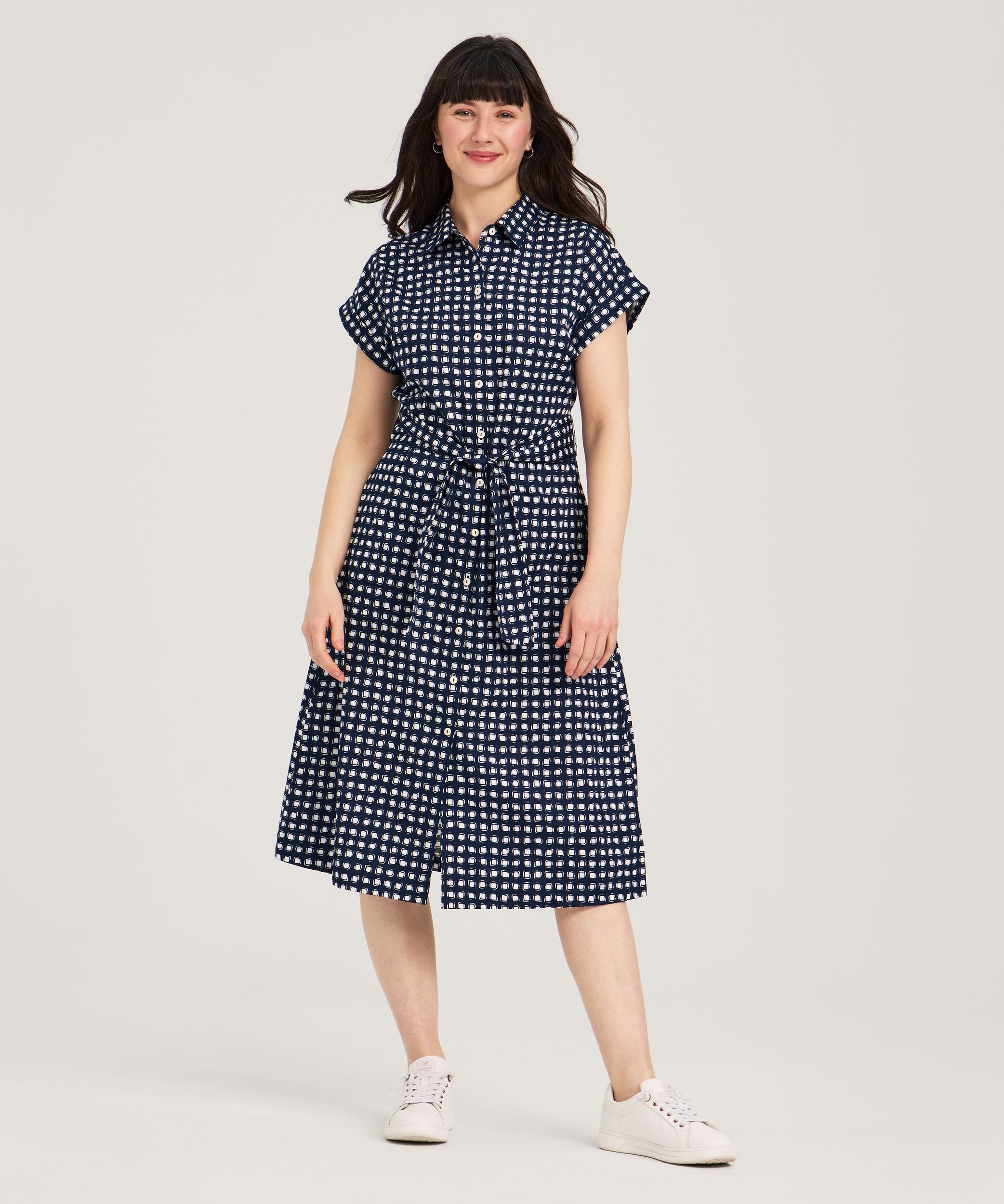 Robe chemise mi-longue à manches courtes en satin de coton pour femmes, Denver Hayes