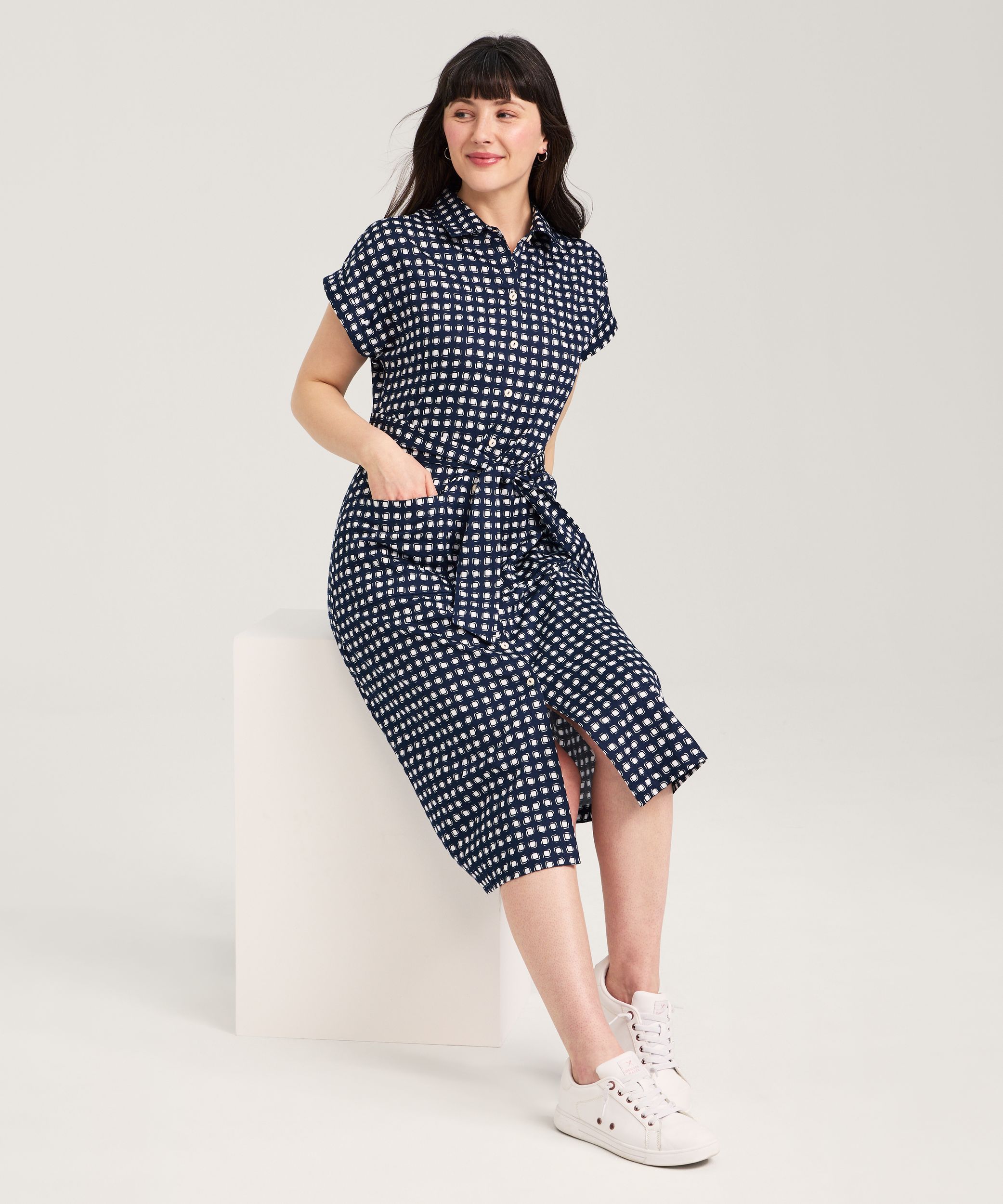 Robe chemise mi-longue à manches courtes en satin de coton pour femmes, Denver Hayes