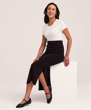 Jupe mi-longue en tricot double avec fentes pour femmes, Denver Hayes