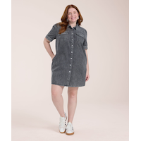 Robe courte en denim à manches bouffantes pour femmes, Denver Hayes Front_Flat