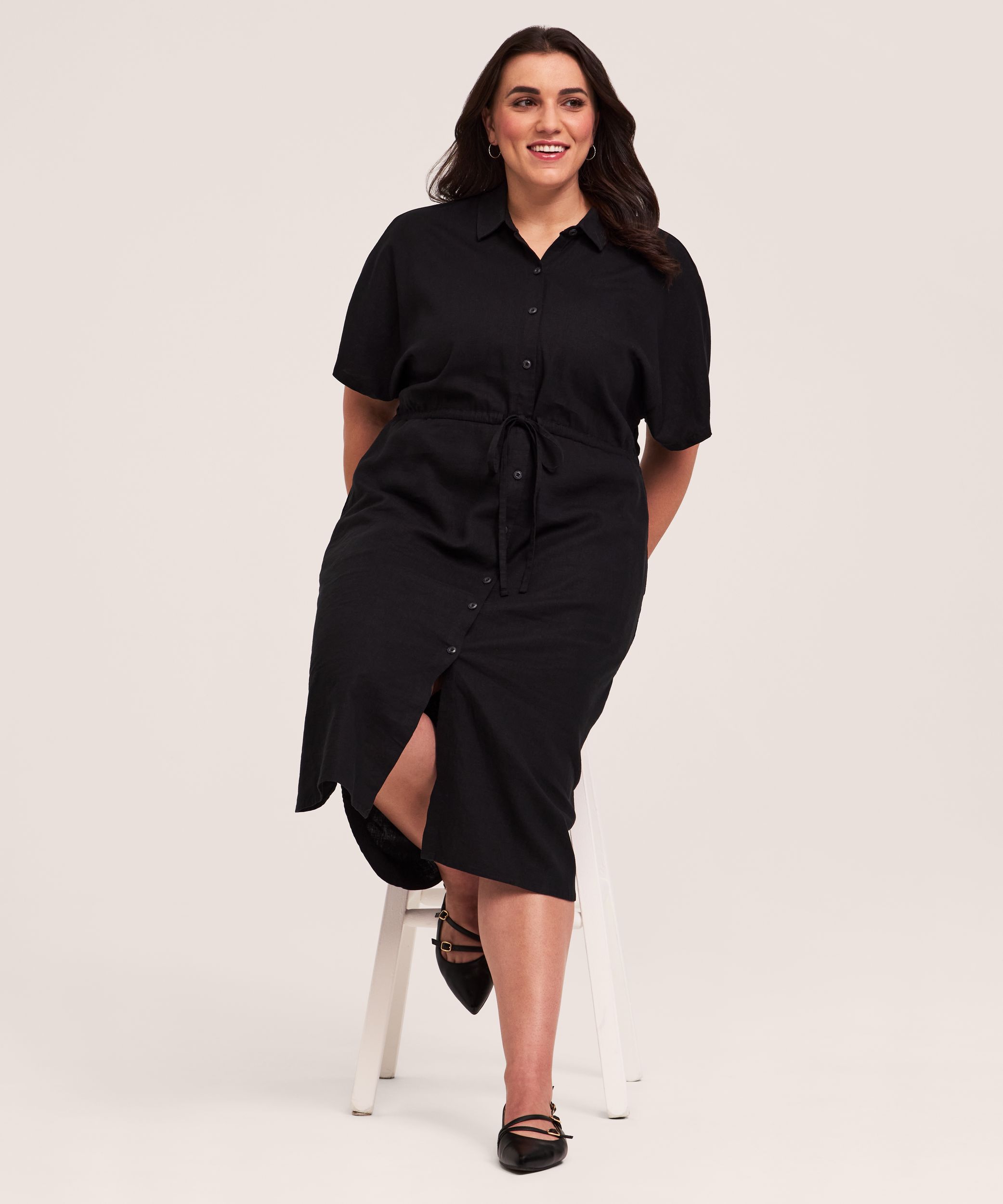 Denver Hayes Women's Short Sleeve Linen Button Down Midi Dress