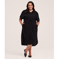 Robe mi-longue boutonnée en lin à manches courtes pour femmes, Denver Hayes Front_Flat