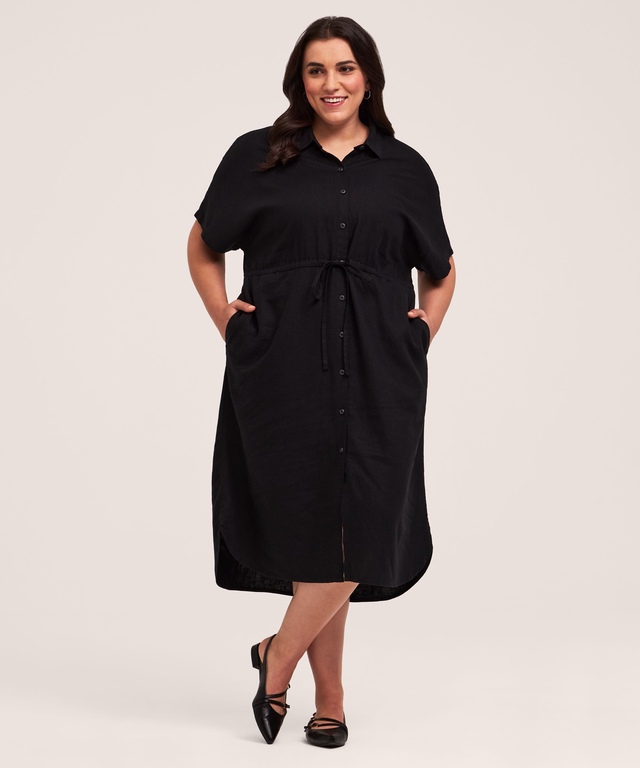 Denver Hayes Women's Short Sleeve Linen Button Down Midi Dress