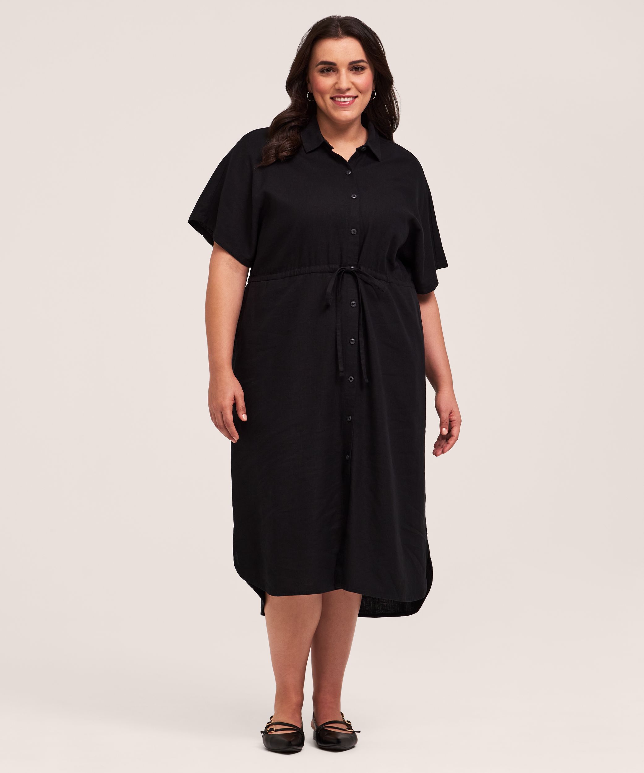 Denver Hayes Women's Short Sleeve Linen Button Down Midi Dress