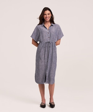 Denver Hayes Women's Short Sleeve Linen Button Down Midi Dress