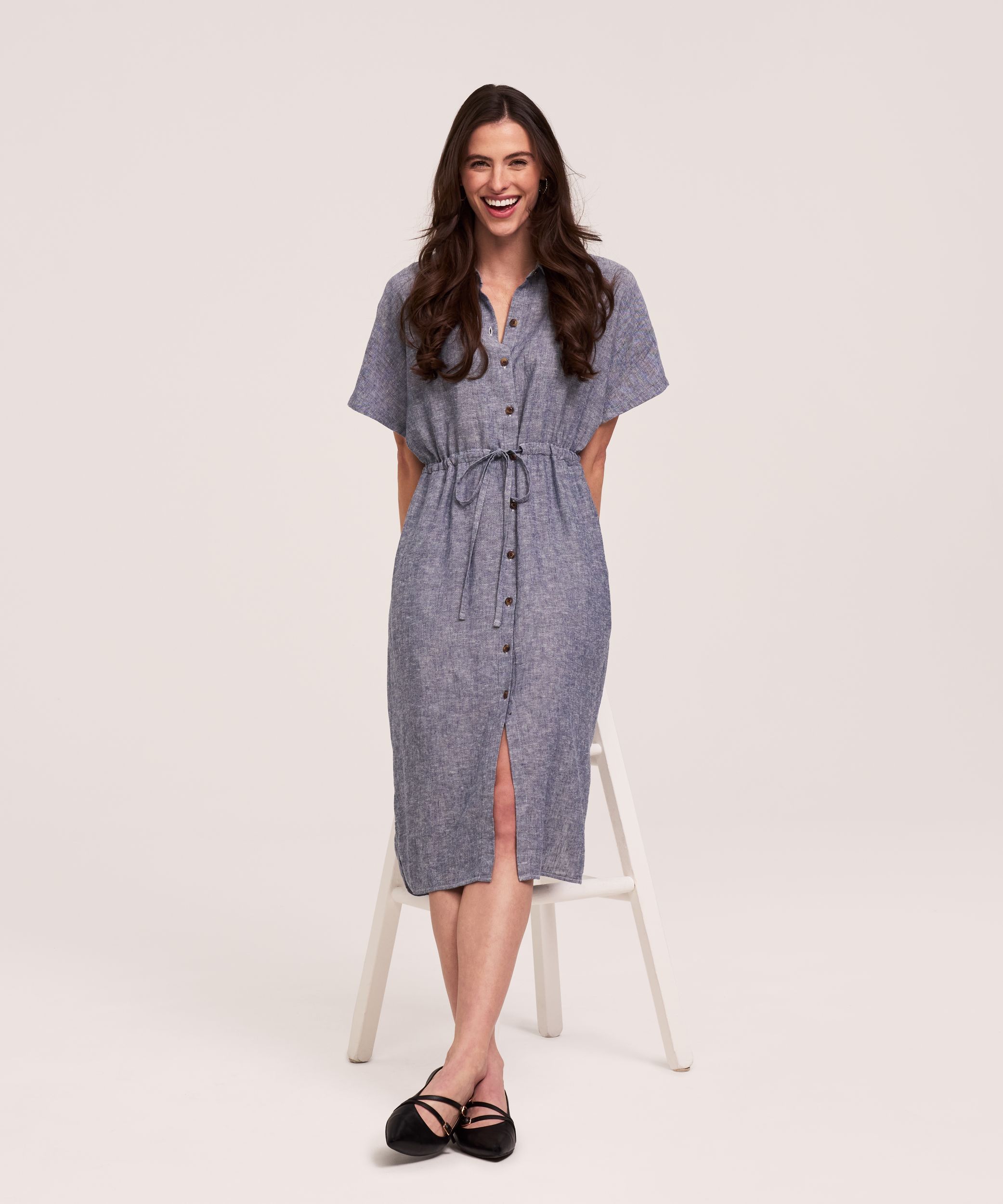 Robe mi-longue boutonnée en lin à manches courtes pour femmes, Denver Hayes