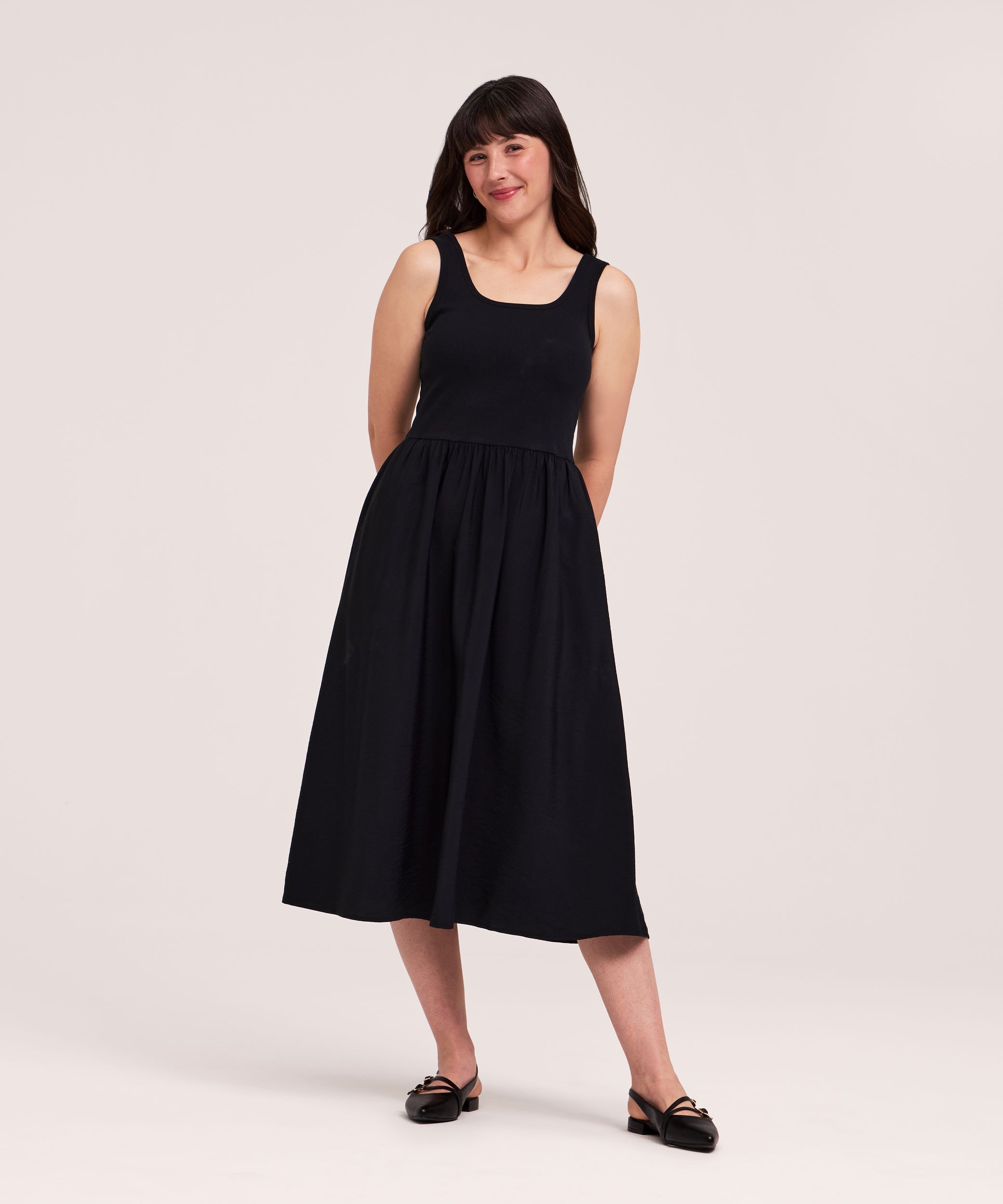 Denver Hayes Women's Rib Knit Bodice Mix Media Midi Dress