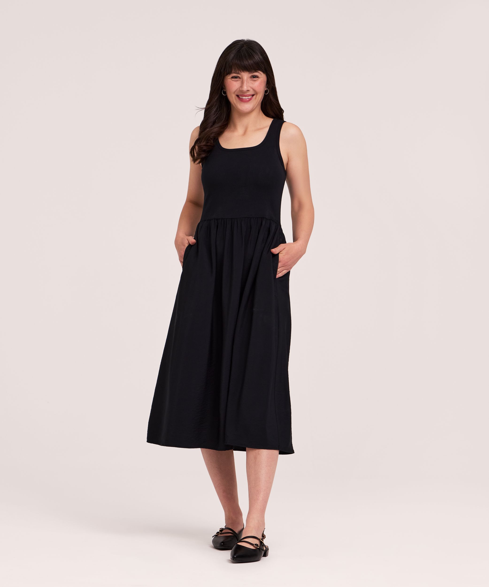 Denver Hayes Women's Rib Knit Bodice Mix Media Midi Dress