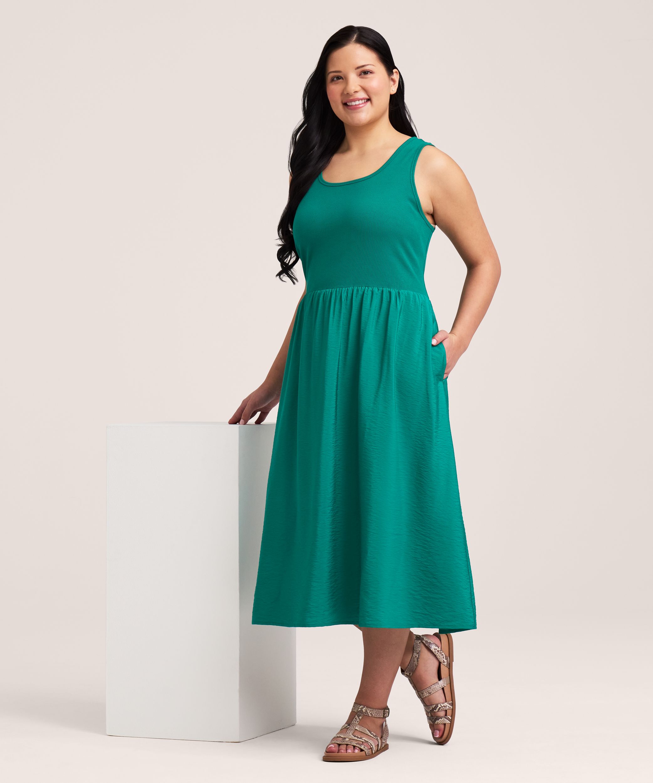 Robe mi-longue en tissu mélangé avec corsage en tricot côtelé pour femmes, Denver Hayes