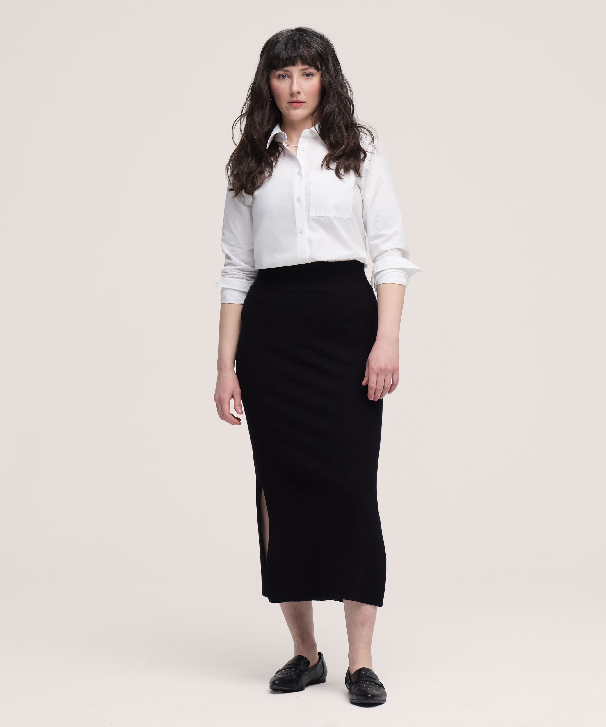 Jupe mi-longue en tricot double avec fentes pour femmes, Denver Hayes
