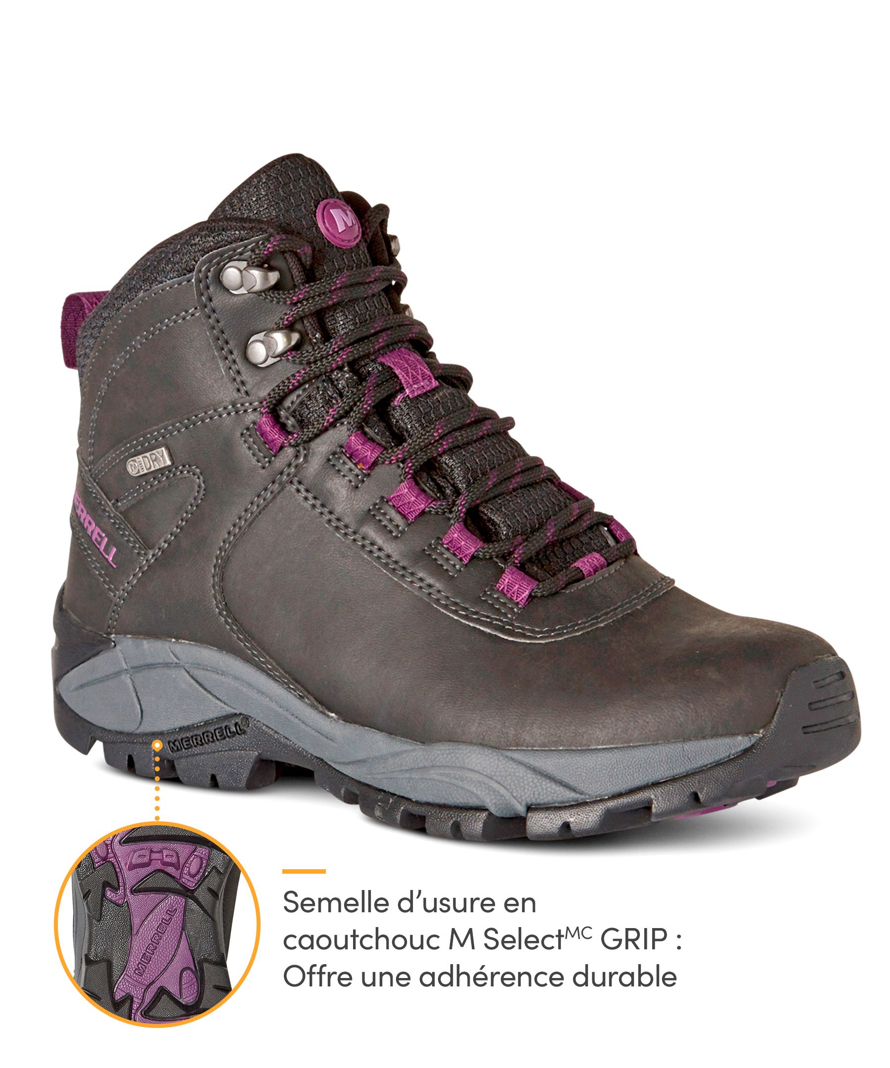 Bottes de randonnée mi-hautes à tige en cuir pour femmes, Vego, Merrell