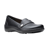 Clarks Women's Cora Daisy Leather Slip On Loafer Shoes - Black Front_Three_Fourths_Angled_Right