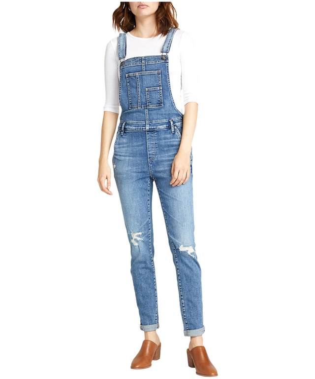Silver Women's Distressed Slim Leg Overalls - Medium Indigo