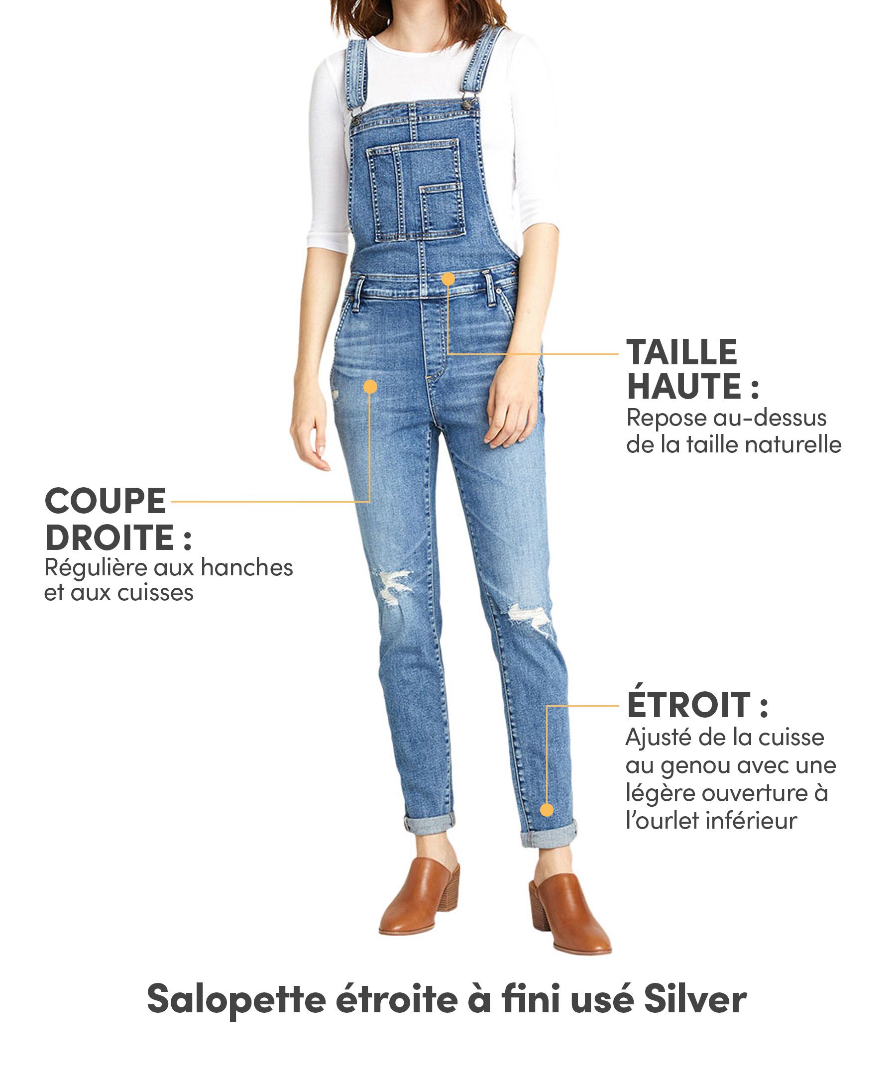 Salopette Silver à jambe étroite et fini usé pour femmes