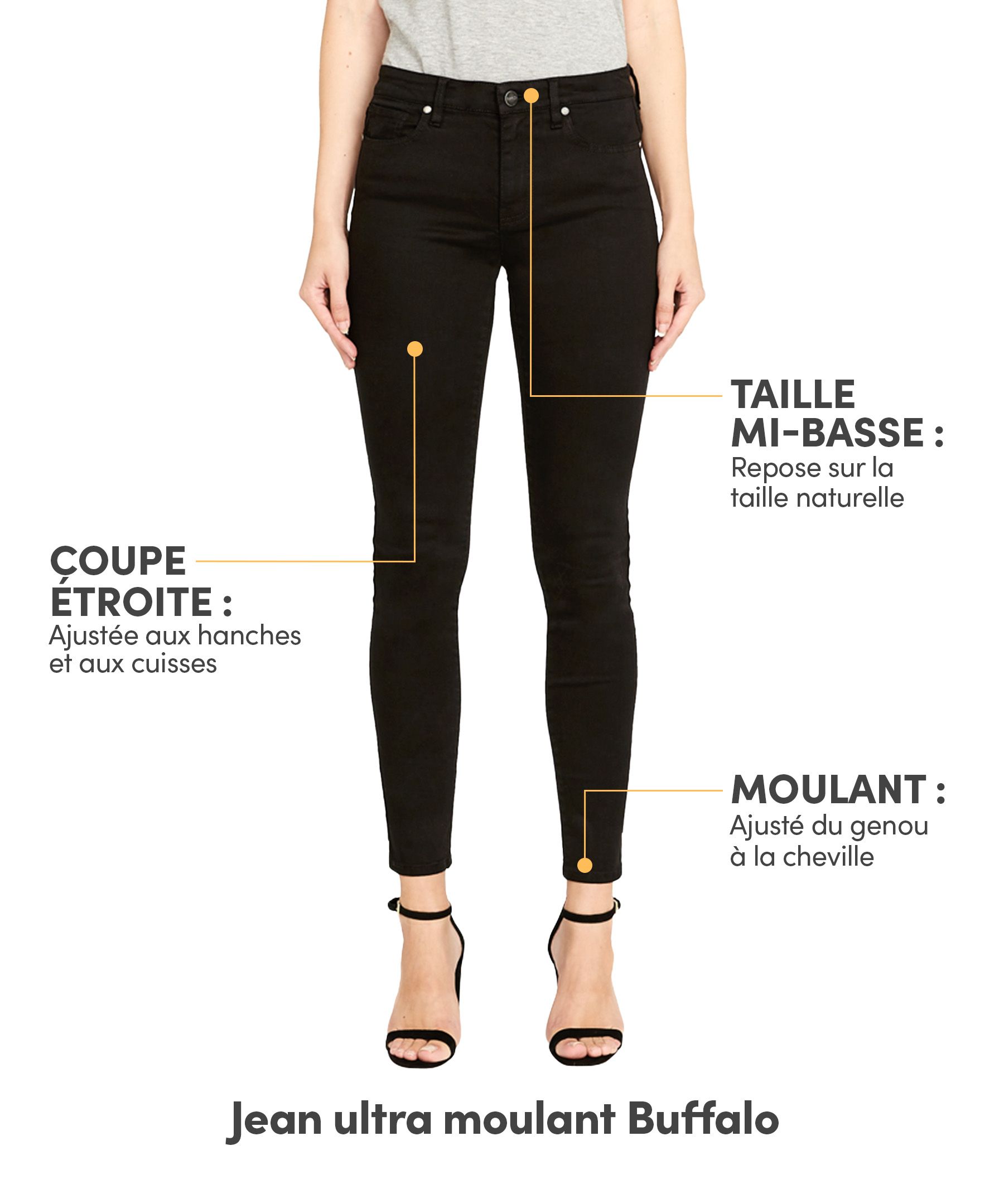 Jean ultra moulant à taille mi-basse pour femmes, Buffalo