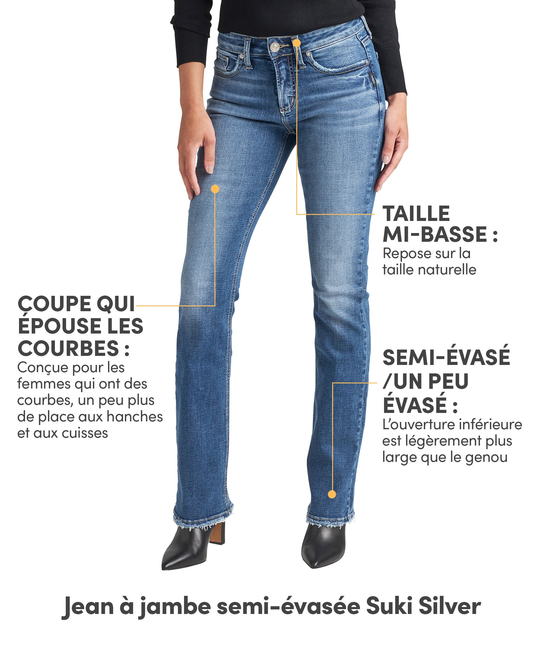 Jean semi-évasé étroit et à taille mi-basse, Suki, Silver Jeans