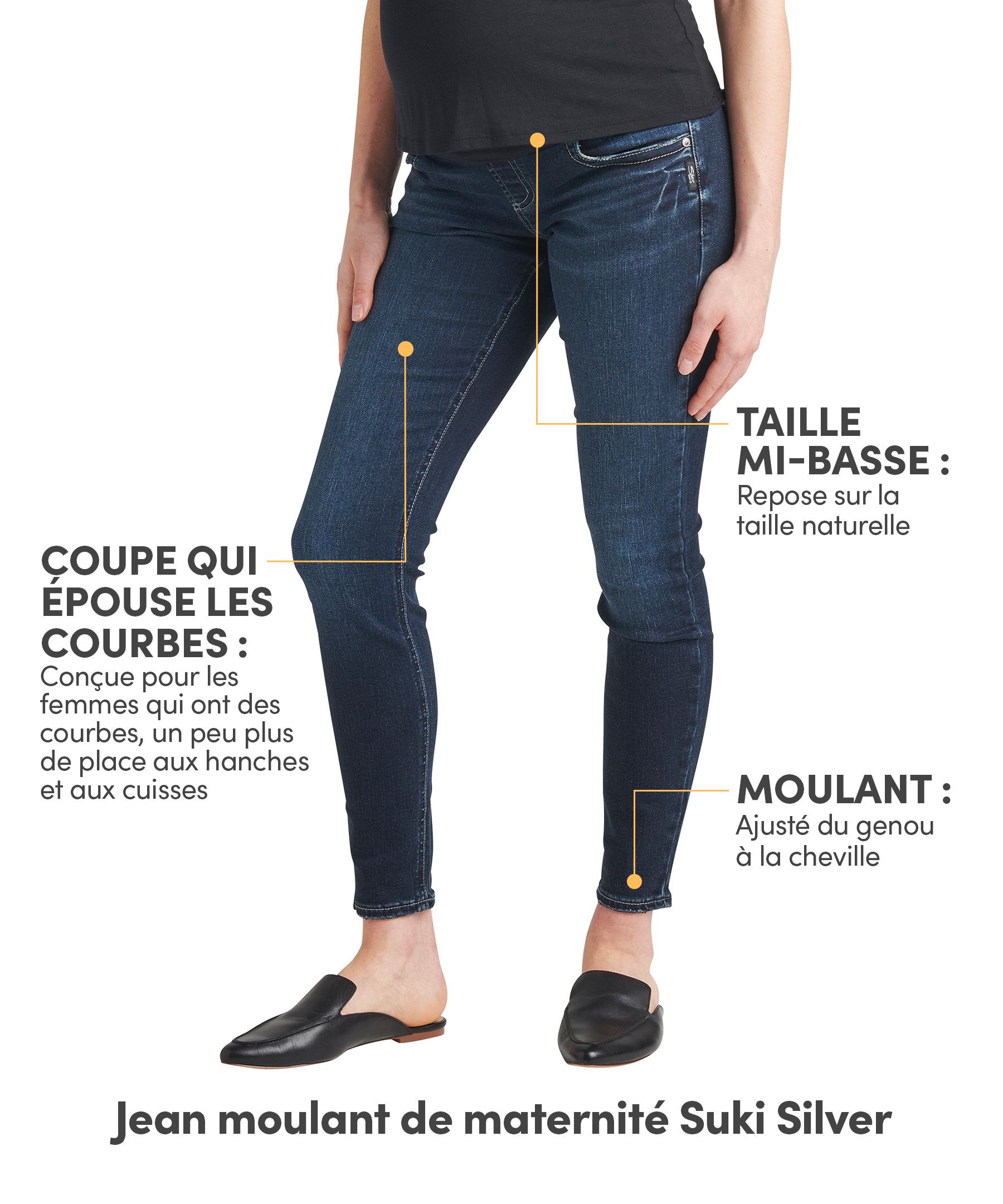 Jean de maternité moulant à taille mi-basse pour femmes, Suki, Silver Jeans