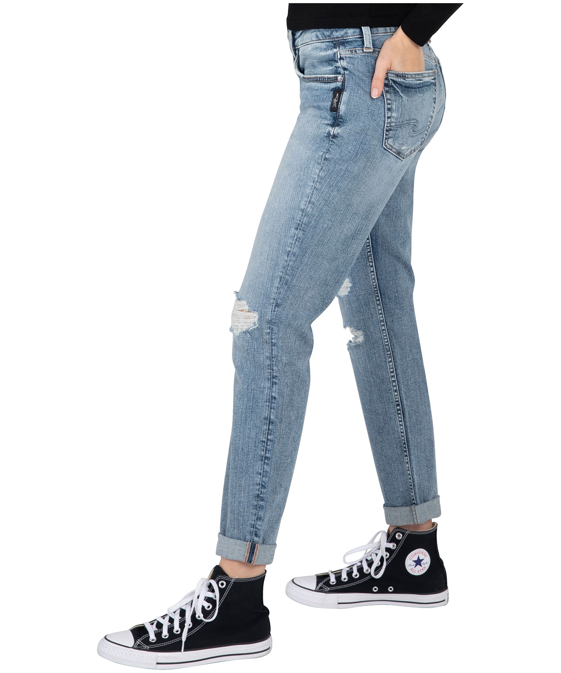 Jean Boyfriend à jambe étroite et taille mi-basse pour femmes, Silver