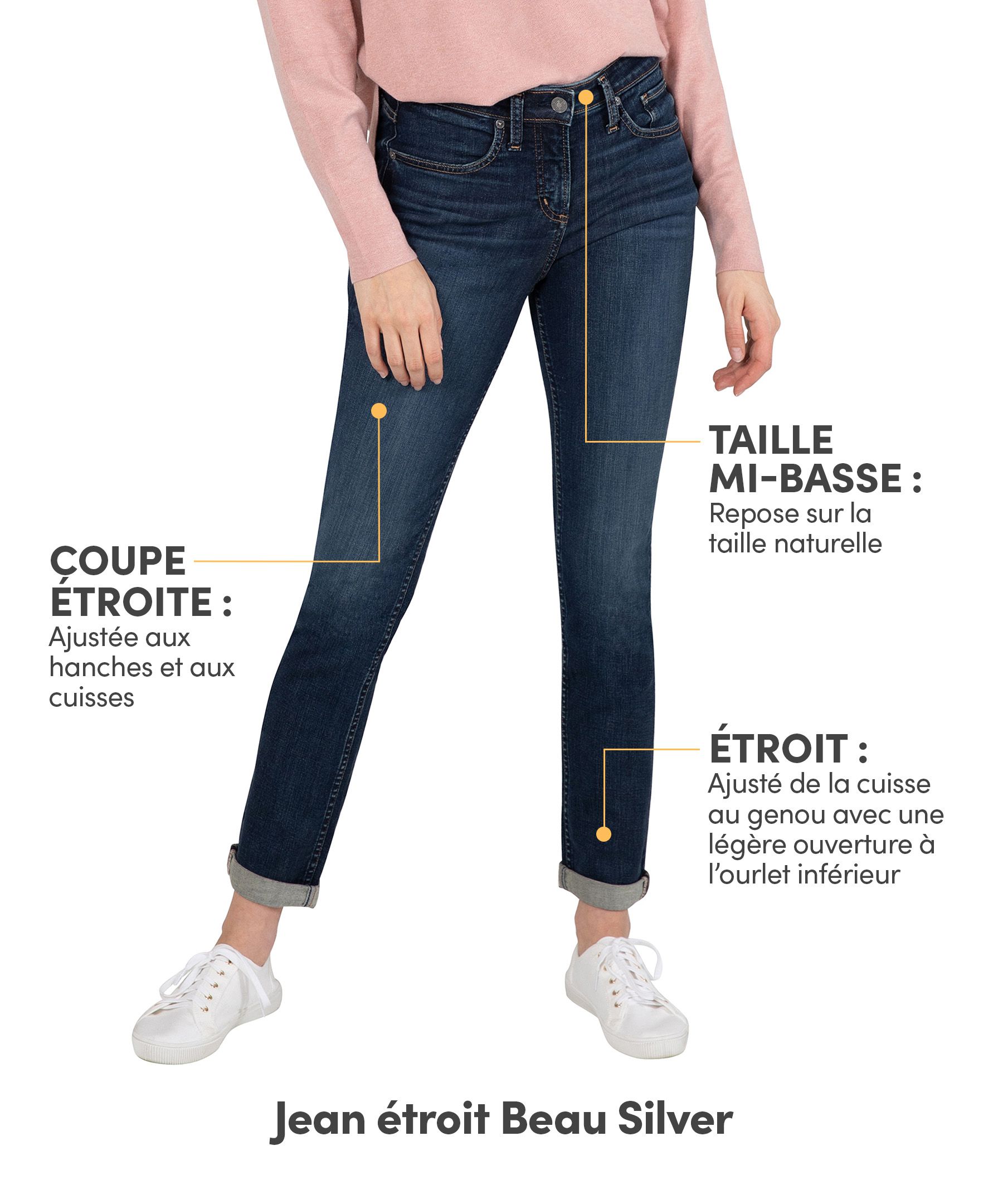 Jean à jambe étroite et à taille mi-basse pour femmes, Beau, Silver