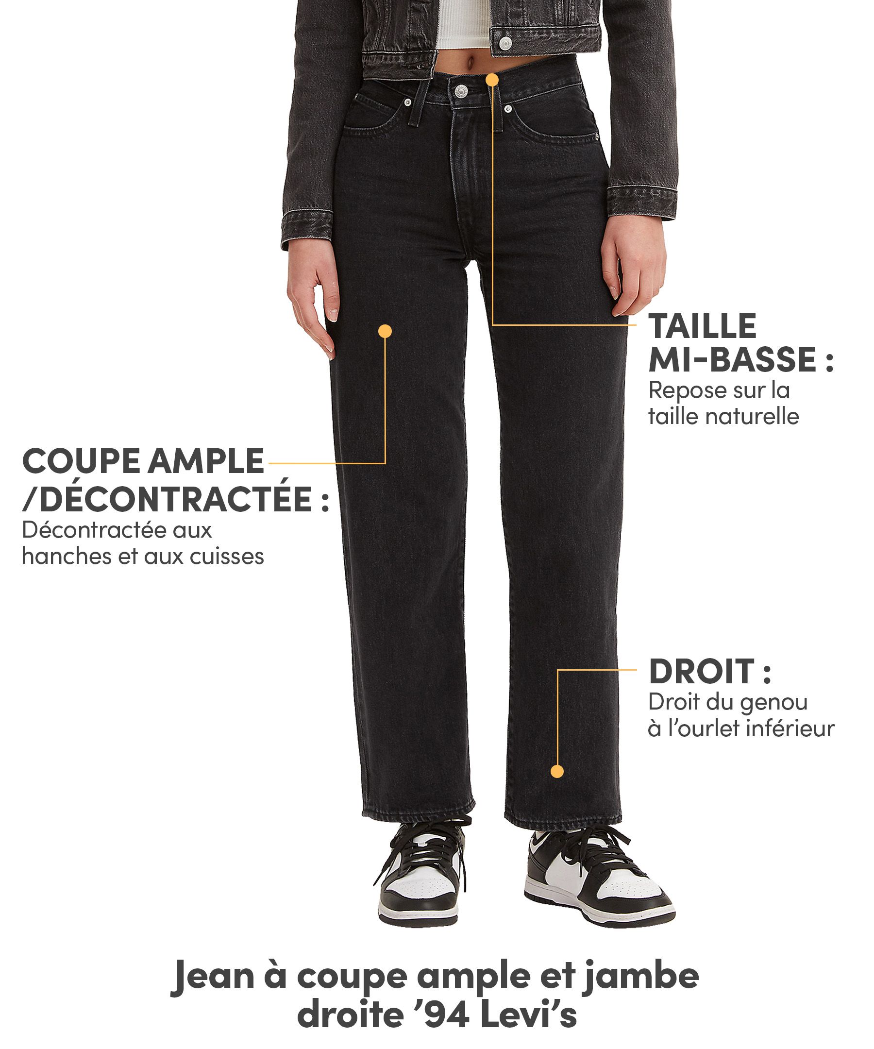Levi's Jean à jambe droite et à taille mi-basse de coupe ample pour femmes, '94, noir