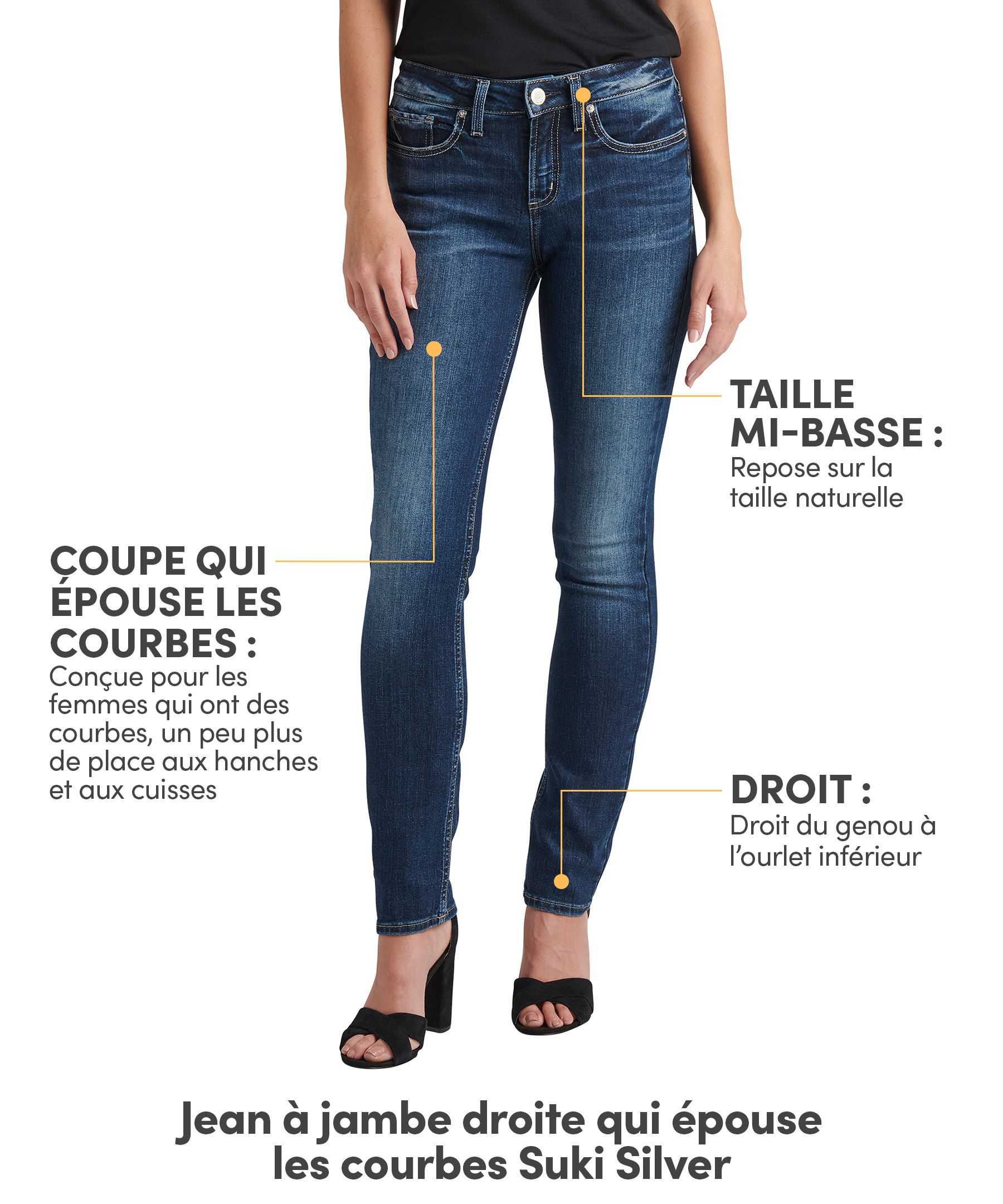 Jean à jambe droite et à taille mi-basse qui épouse les courbes pour femmes, Suki, Silver