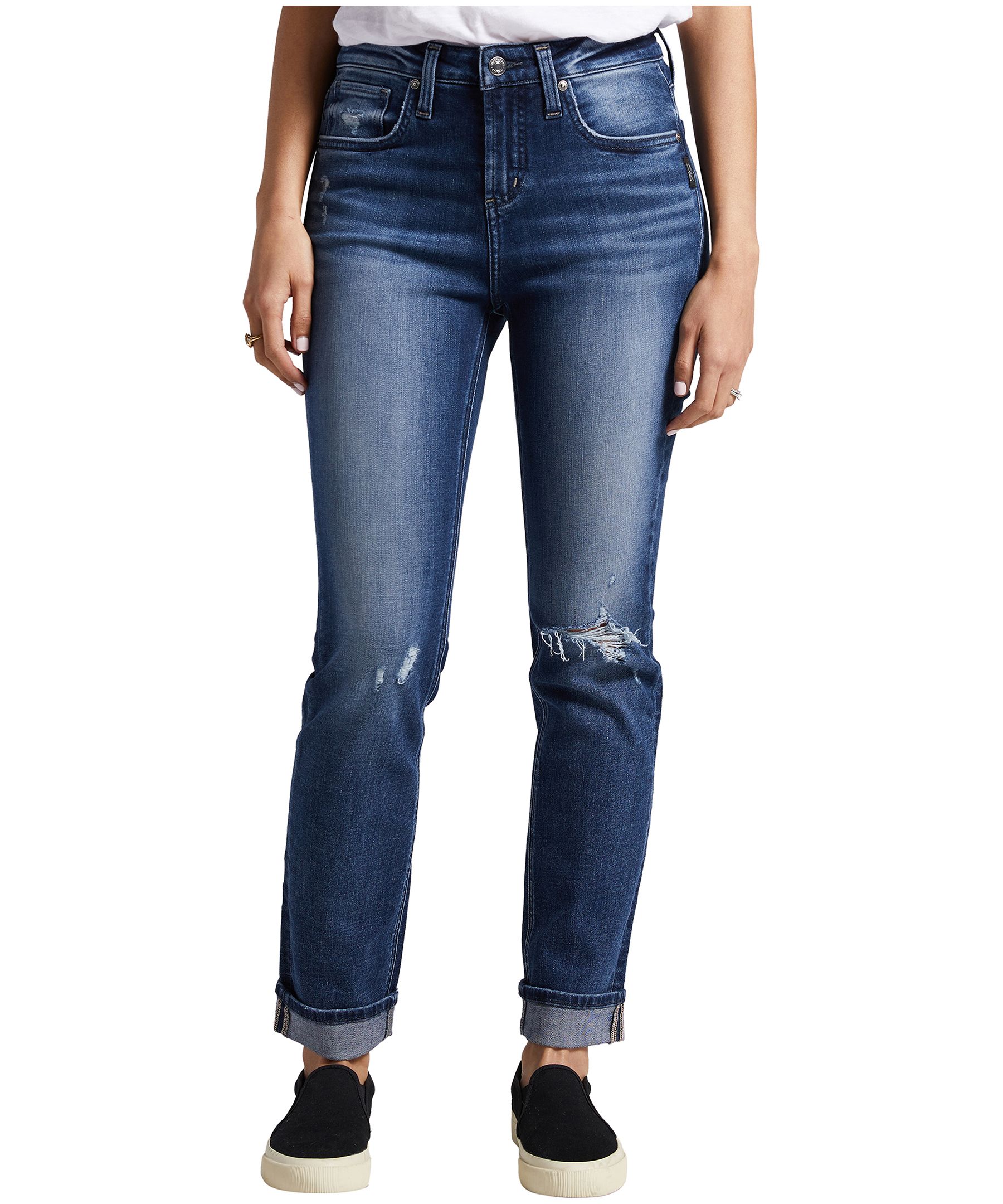 Jean usé à jambe étroite et à taille haute pour femmes, Beau, Silver