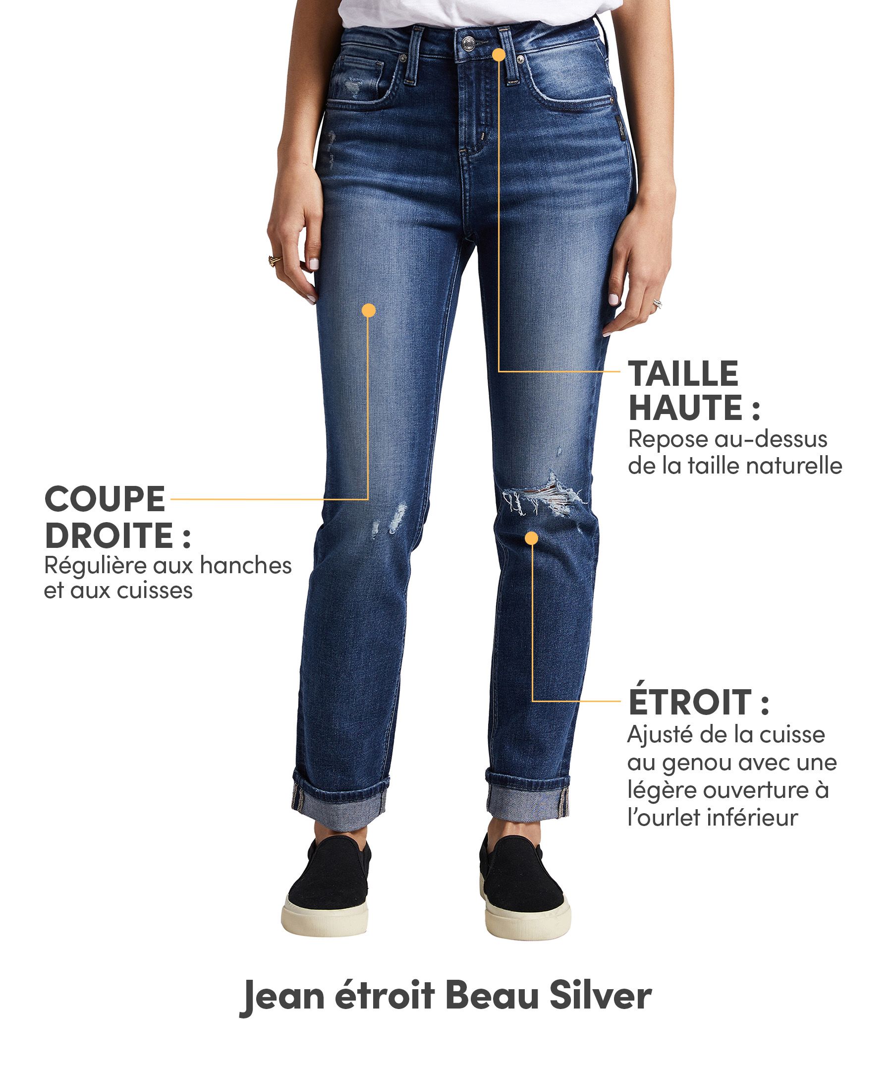 Jean usé à jambe étroite et à taille haute pour femmes, Beau, Silver
