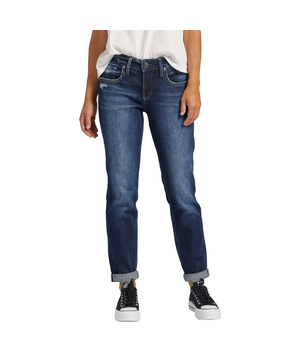 Jean boyfriend épousant les courbes à taille mi-basse pour femmes, Silver