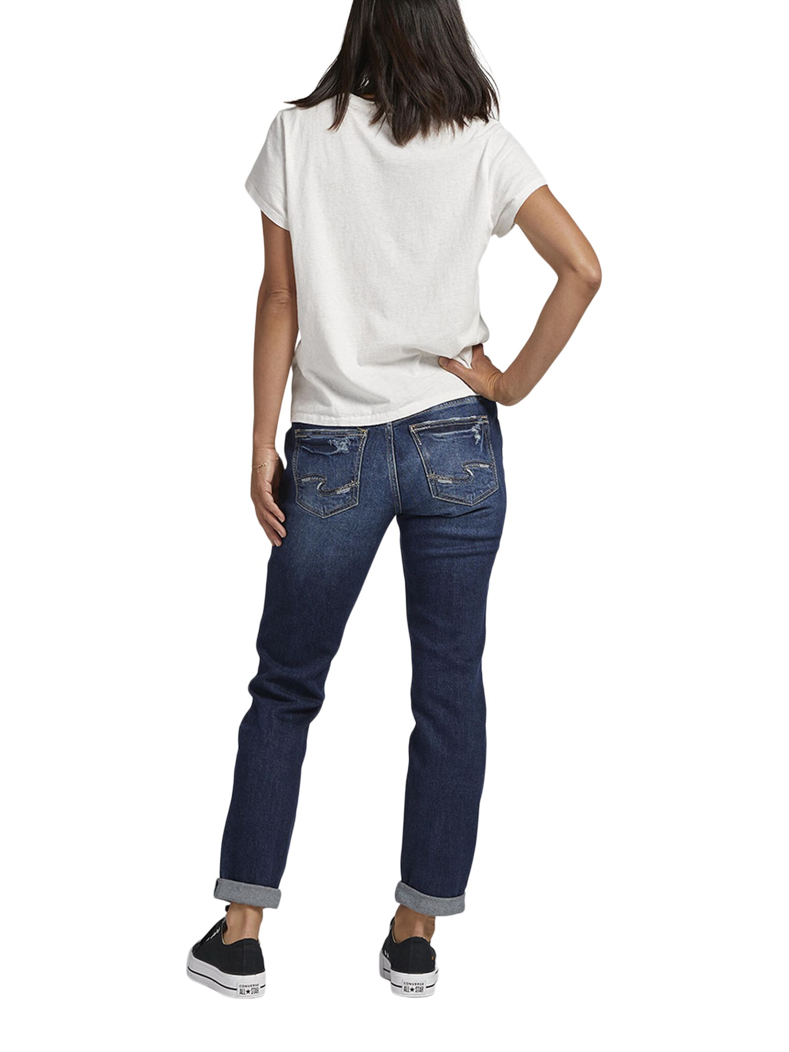 Jean boyfriend épousant les courbes à taille mi-basse pour femmes, Silver