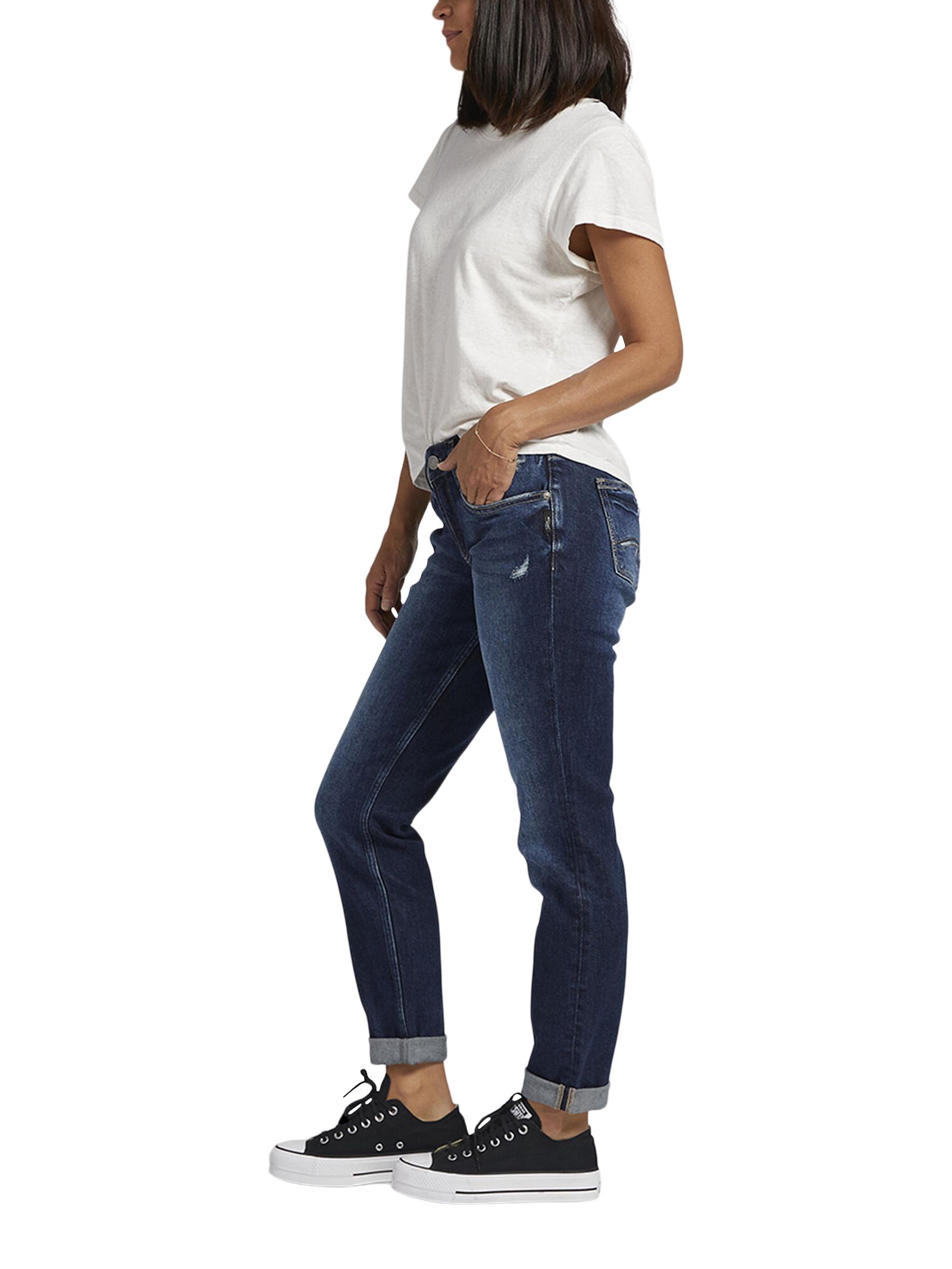 Jean boyfriend épousant les courbes à taille mi-basse pour femmes, Silver