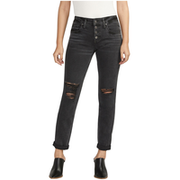 Silver Women's Mid Rise Relaxed Fit Slim Leg Boyfriend Jeans With Distressed Details Front_Flat