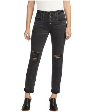 Jean coupe décontractée à taille mi-basse et à jambe étroite au fini usé pour femmes, Boyfriend