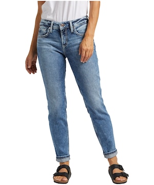 Jean coupe décontractée à taille mi-basse pour femmes, Boyfriend, Silver