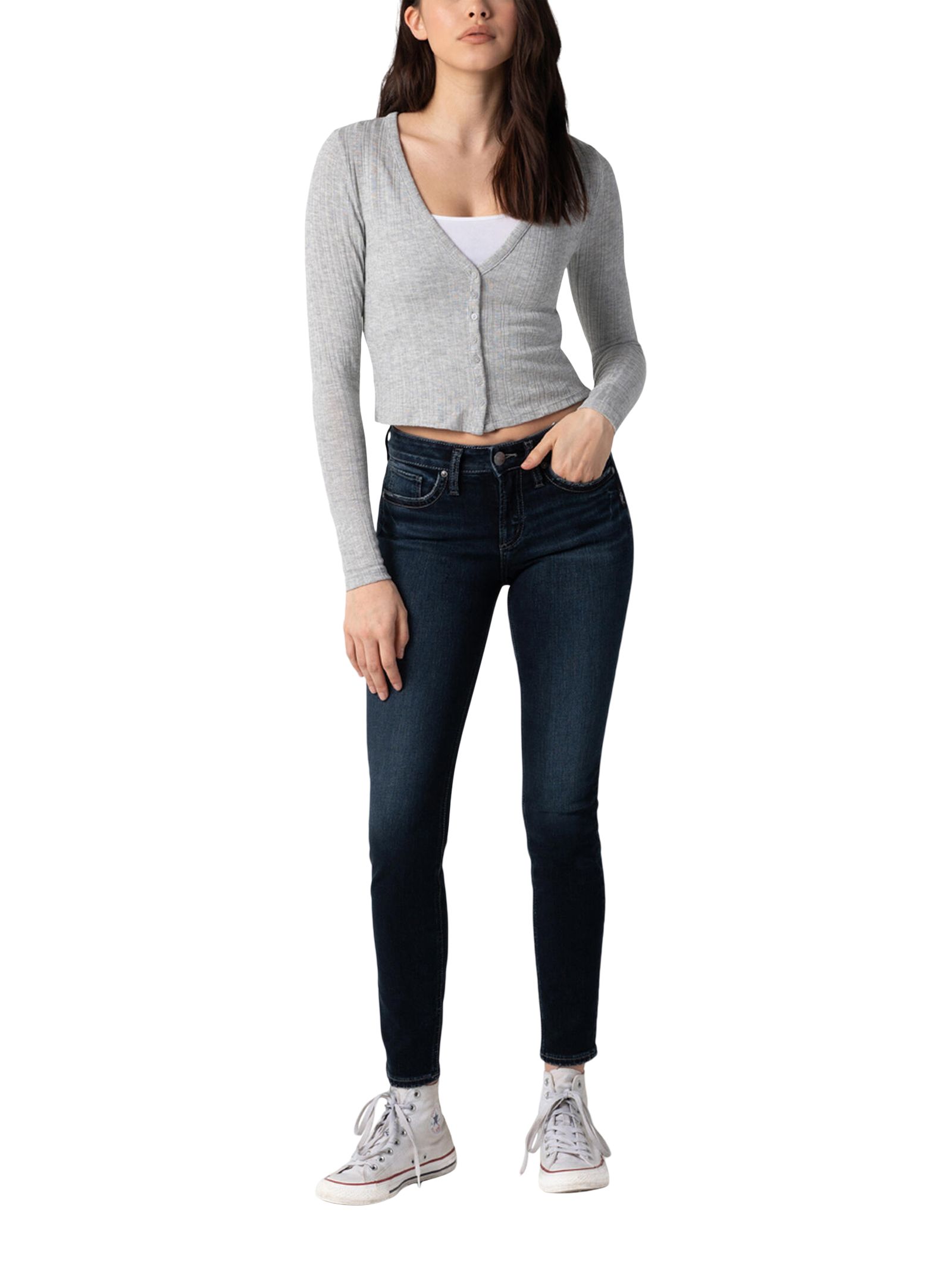 Jean moulant à taille mi-basse qui épouse les courbes pour femmes, Suki, Silver