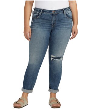 Jean Boyfriend à jambe étroite et taille mi-basse pour femmes, Silver