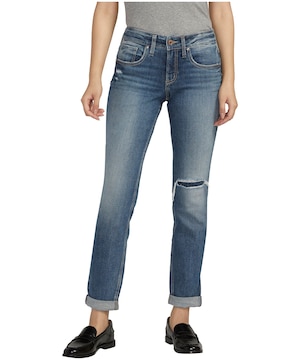 Jean Boyfriend à jambe étroite et taille mi-basse pour femmes, Silver