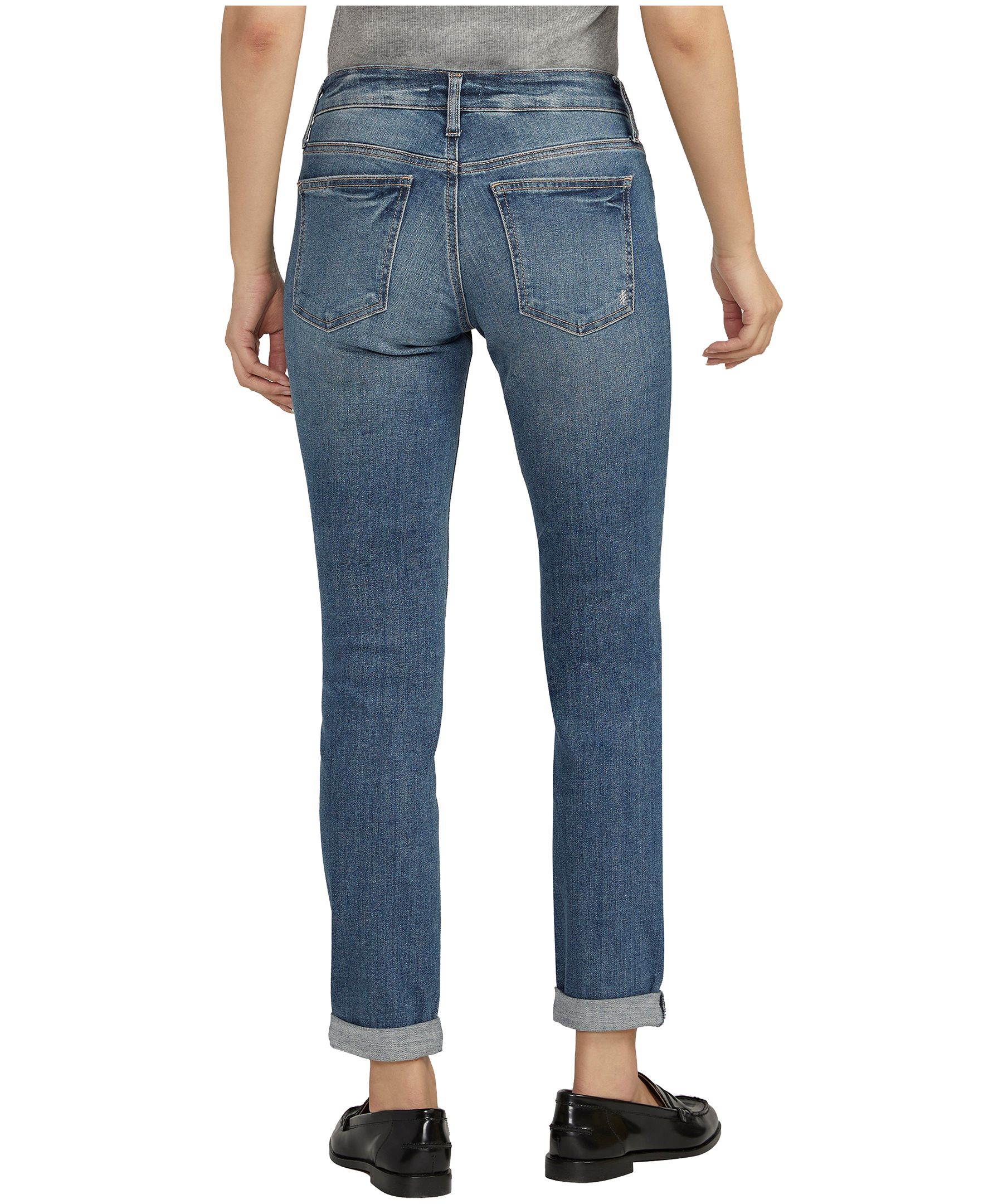 Jean Boyfriend à jambe étroite et taille mi-basse pour femmes, Silver