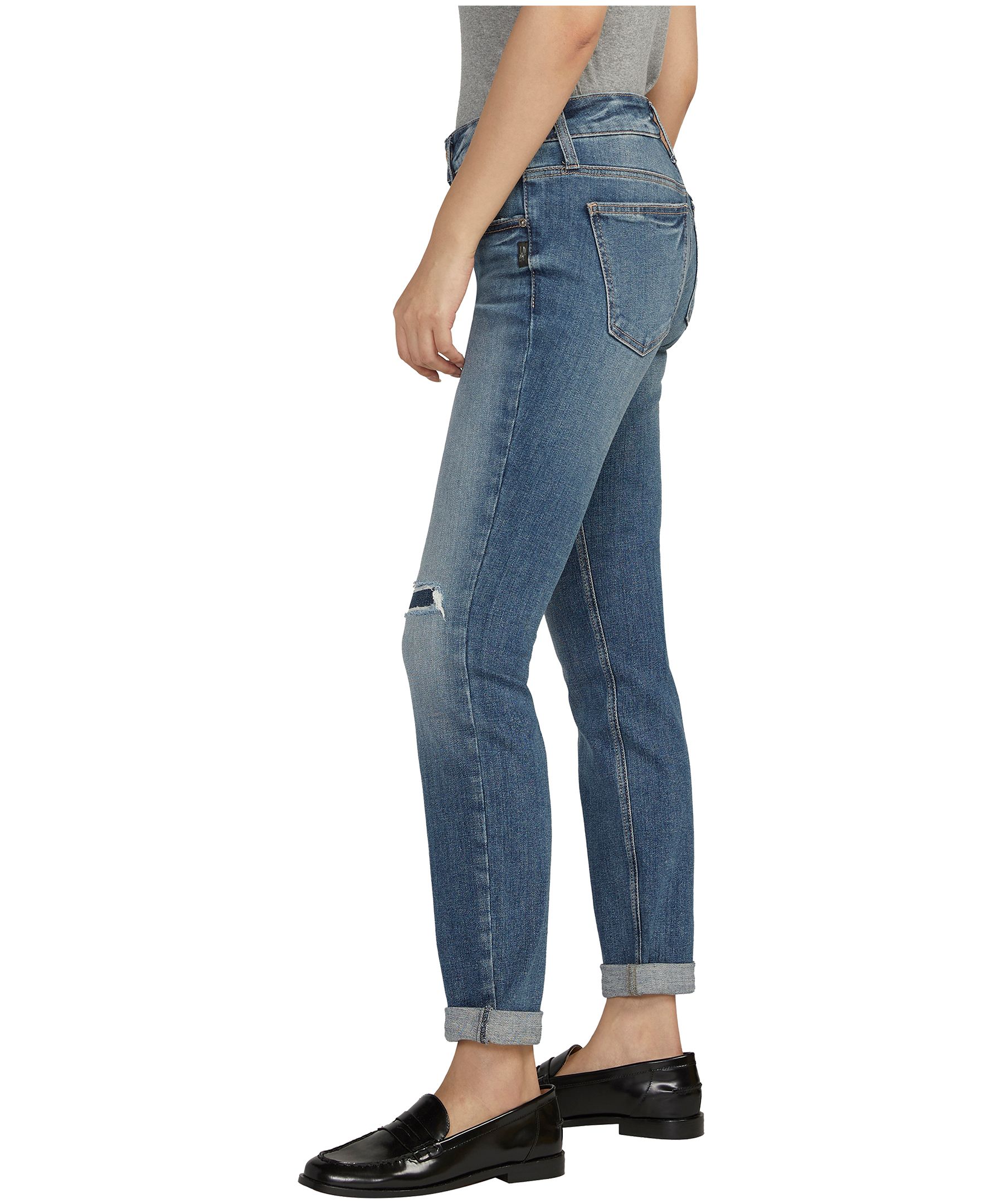 Jean Boyfriend à jambe étroite et taille mi-basse pour femmes, Silver
