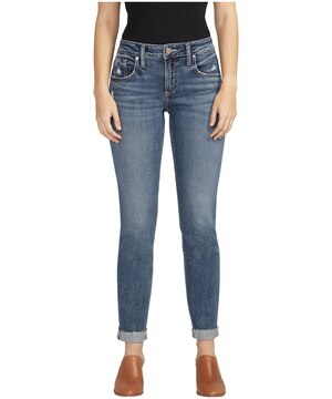 Jean Boyfriend à jambe étroite et taille mi-basse pour femmes, Silver