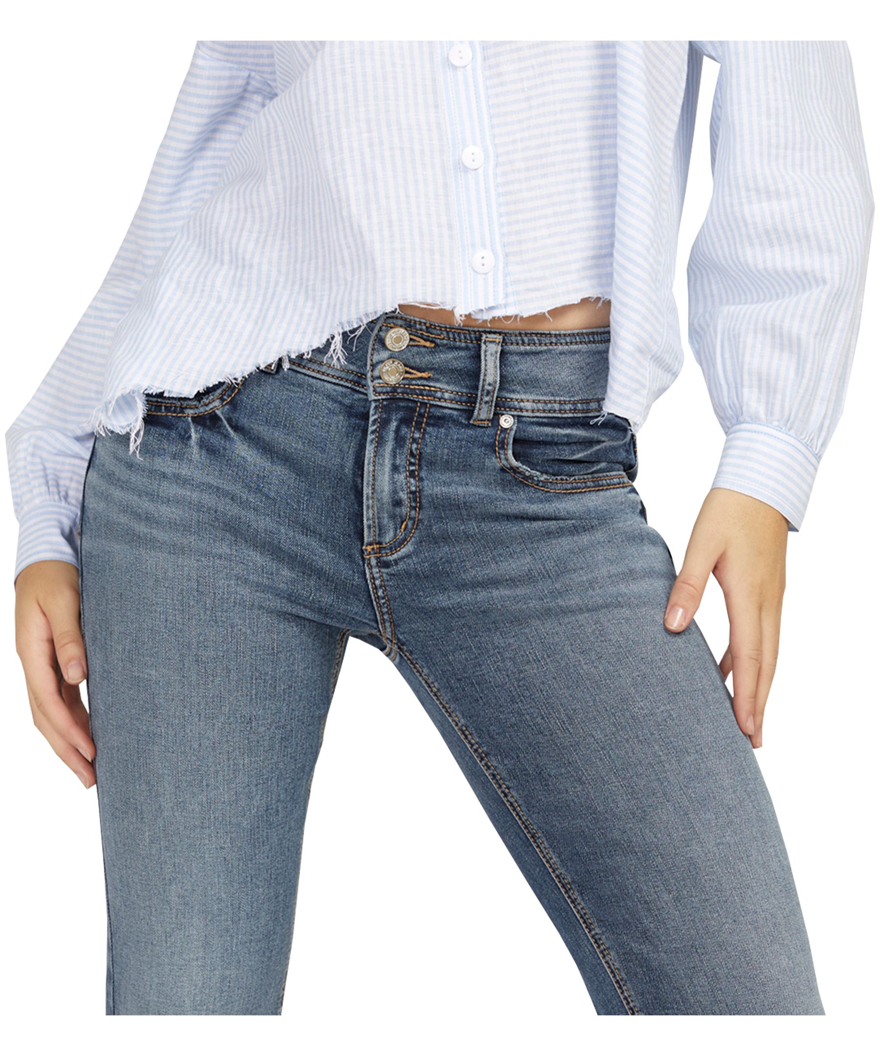 Jean étroit semi-évasé à taille mi-basse qui épouse les courbes pour femmes, Suki, Silver