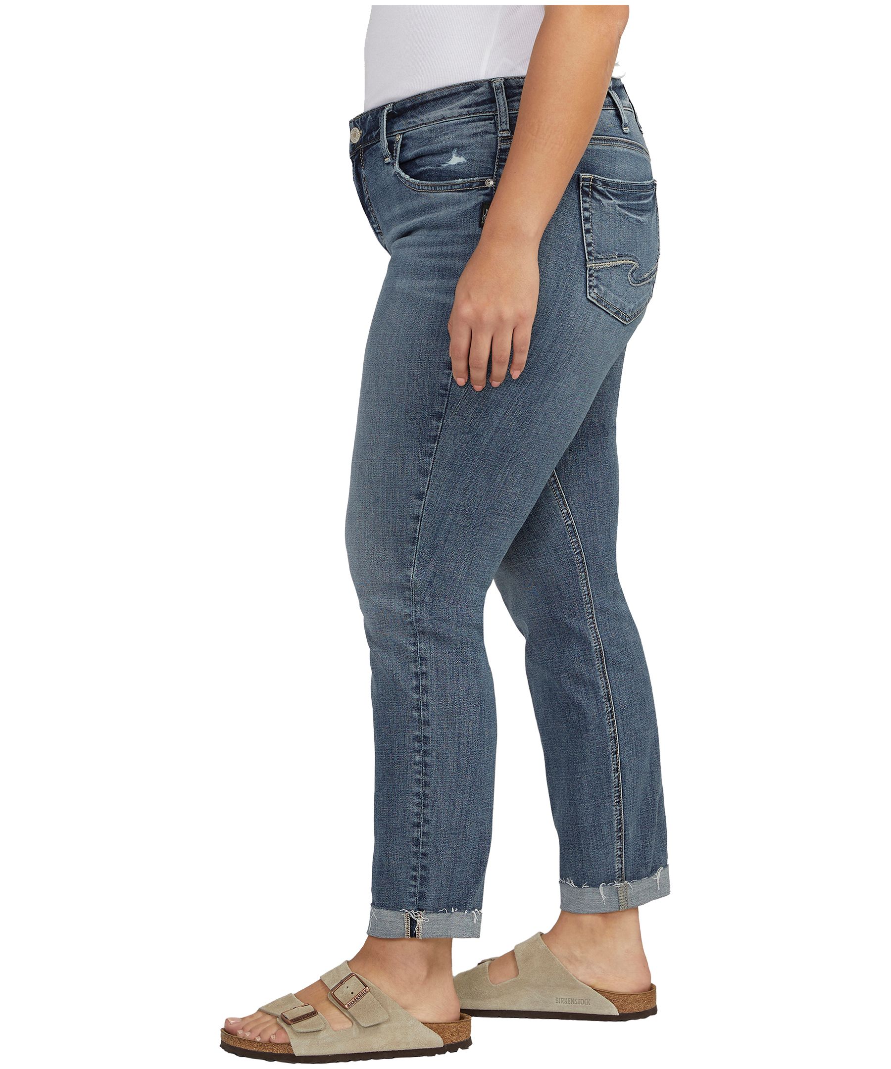 Jean Boyfriend à jambe étroite et taille mi-basse pour femmes, Silver