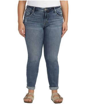 Jean Boyfriend à jambe étroite et taille mi-basse pour femmes, Silver
