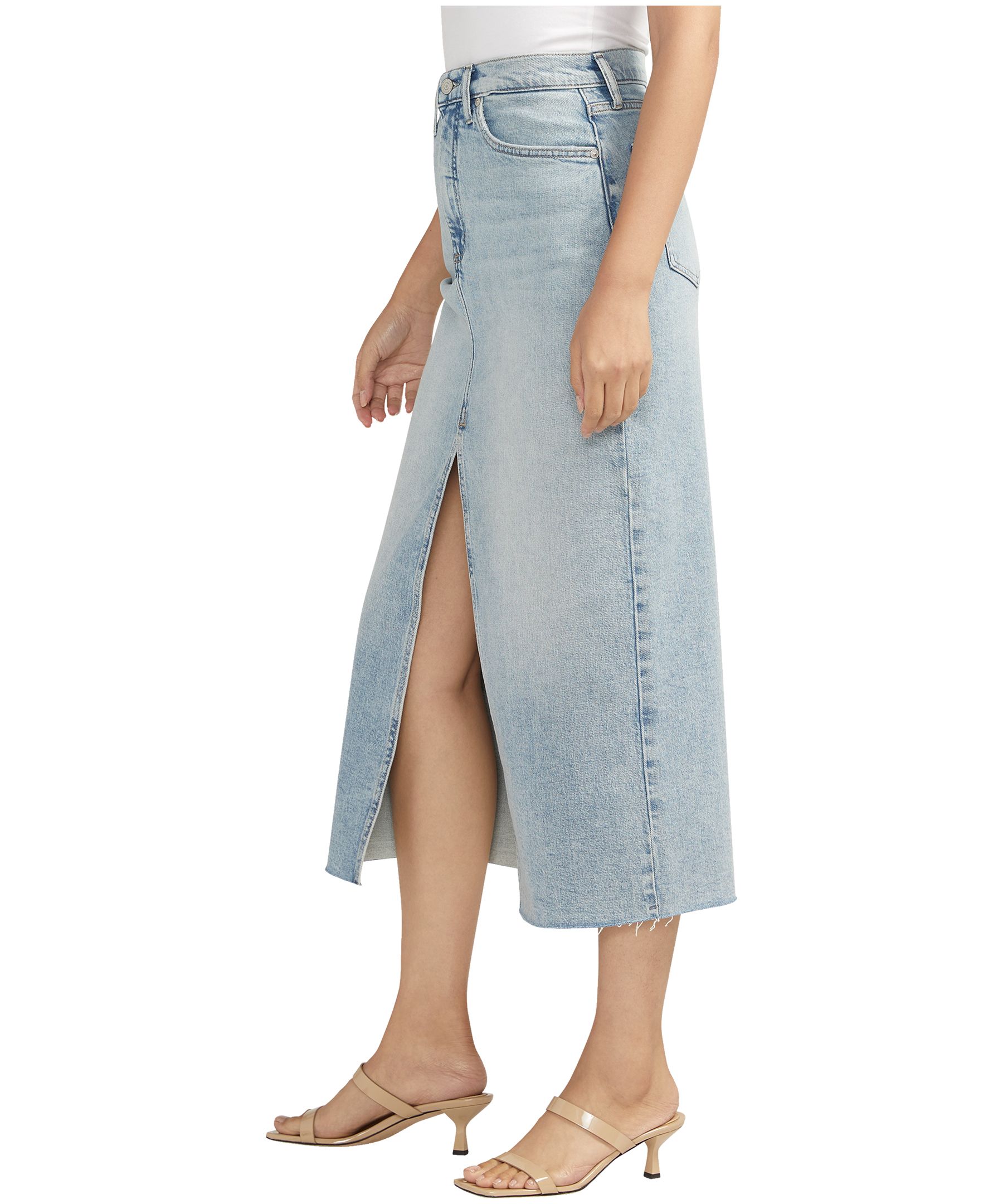 Jupe mi-longue en denim peu extensible pour femmes, Silver
