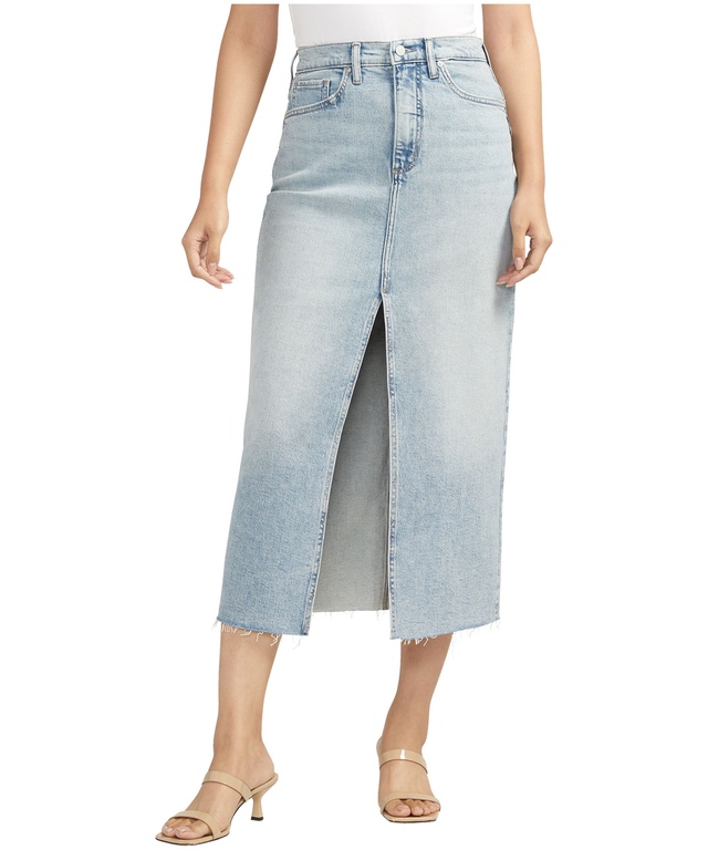 Jupe mi-longue en denim peu extensible pour femmes, Silver