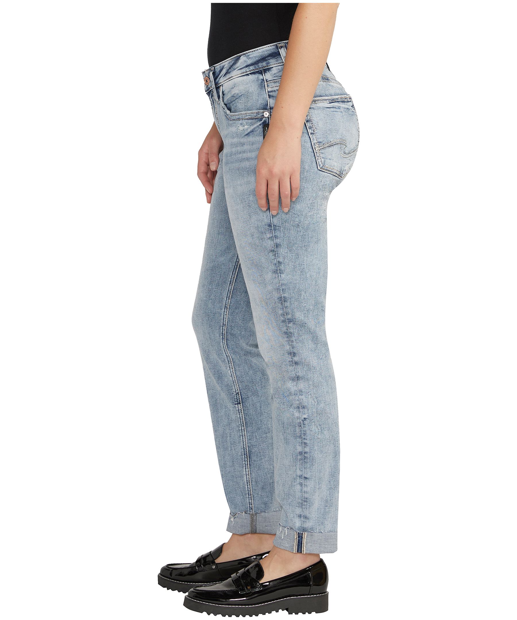 Jean à jambe étroite et à taille mi-basse qui épouse les courbes pour femmes, Boyfriend, Silver